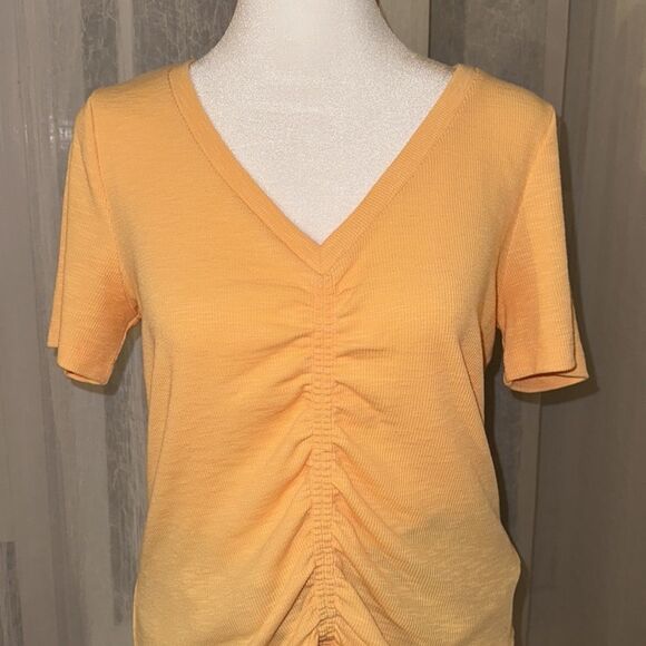GAP S Orange Ribbed V-Neck Short Sleeve Ruched Front Tee - Picture 3 of 10